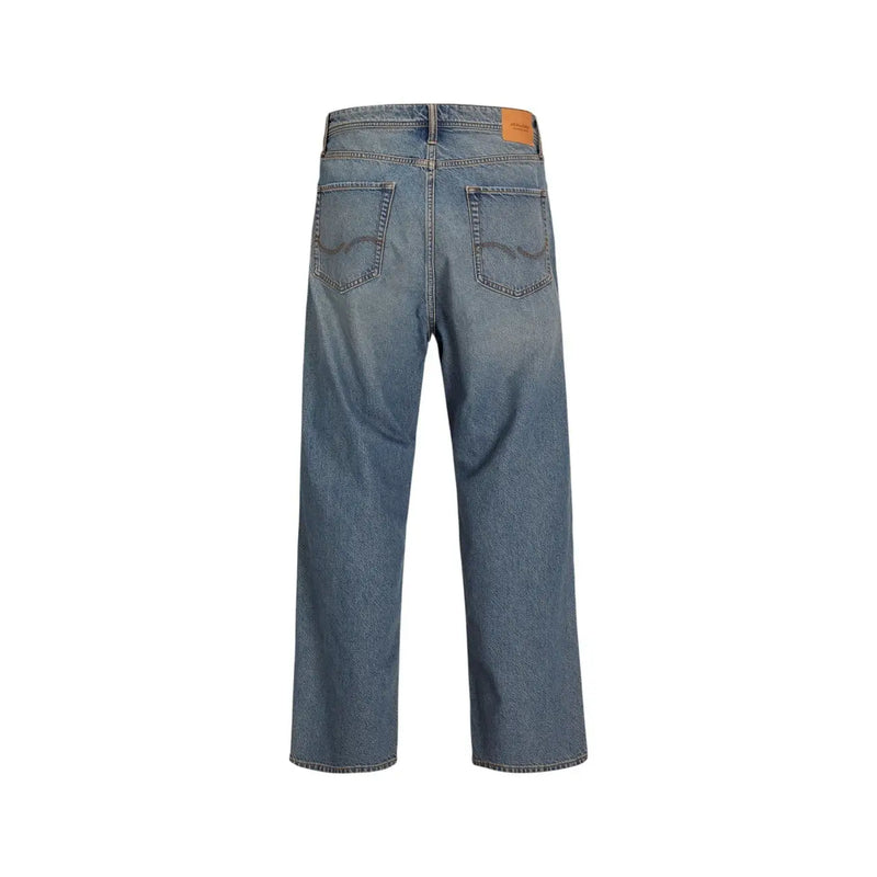 Back view of jack and jones men light blue ripped jeans in cotton elastane with straight-leg and classic pockets