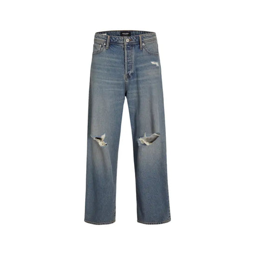 Jean homme Jack & Jones taille haute, jambes larges, bleu clair déchiré, en coton élasthanne, délavage bleu délavé et effet usé aux genoux.