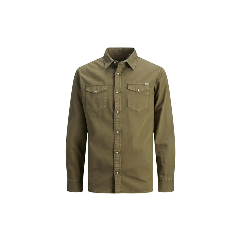 Chemise homme Jack and Jones vert olive manches longues en coton boutonnée avec deux poches poitrine et col