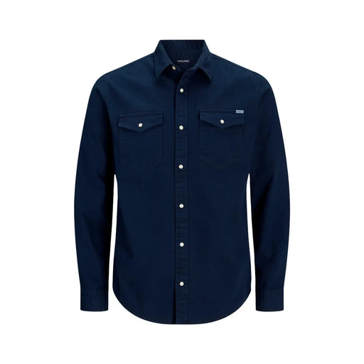 Jack jones men shirt dark navy blue long-sleeved button-up with two chest pockets and white buttons