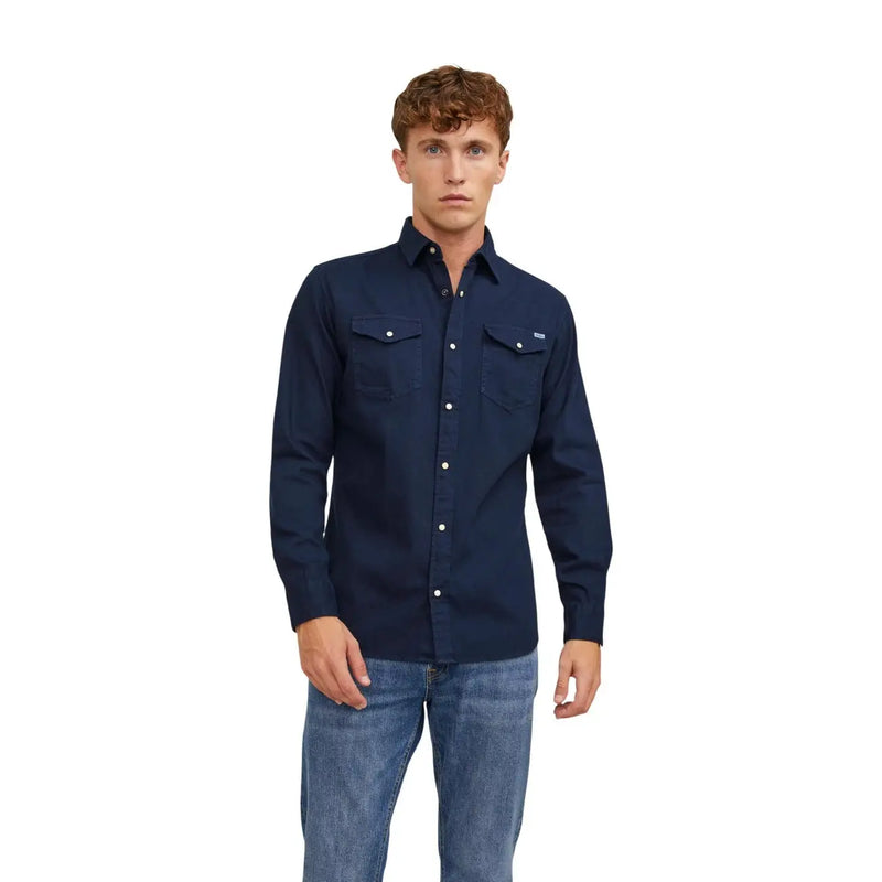 Navy blue long-sleeved button-up shirt with two chest pockets and white buttons by Jack Jones men shirt