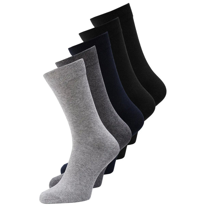 A set of five Jack & Jones men underwear crew-length socks in gray and black soft knit fabric with ribbed cuffs