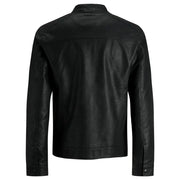 Men’s black faux leather biker jacket with stand-up collar from Jack and Jones