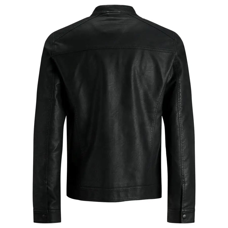 Men’s black faux leather biker jacket with stand-up collar from Jack and Jones