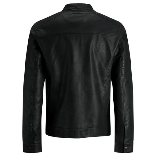 Men’s black faux leather biker jacket with stand-up collar from Jack and Jones