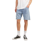 Jack & Jones men’s blue light-wash denim shorts with rolled cuffs and classic five-pocket design