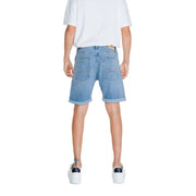 Jack & jones men’s blue light-wash denim shorts with rolled cuffs and classic back pocket shown from the back side