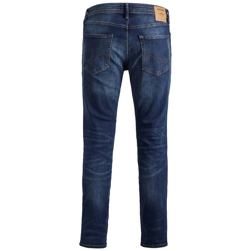 Dark blue slim fit denim jeans with subtle fading and jack & jones label on waistband for men