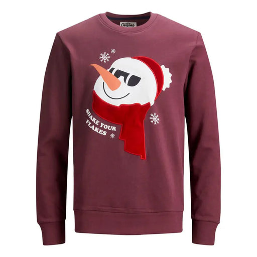 Jack & Jones men’s bordeaux knit sweater featuring a maroon crewneck with festive snowman graphic and shake your flakes text