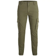 Jack & Jones Pantalon cargo vert olive pour homme, doté de multiples poches et d'une fermeture à boutons, idéal pour une tenue décontractée.