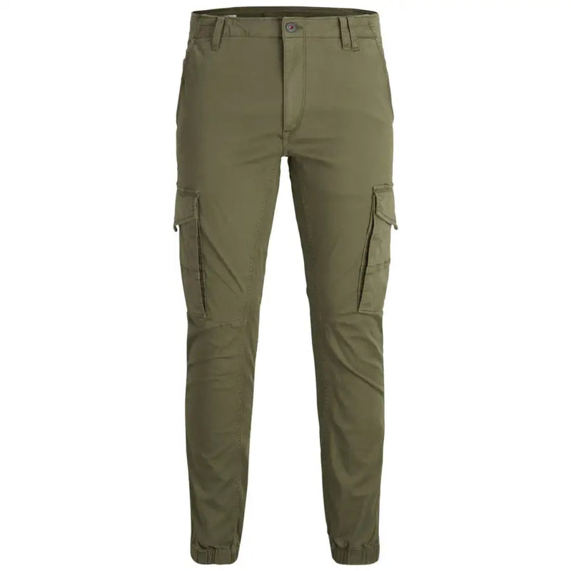 Jack & Jones Pantalon cargo vert olive pour homme, doté de multiples poches et d'une fermeture à boutons, idéal pour une tenue décontractée.