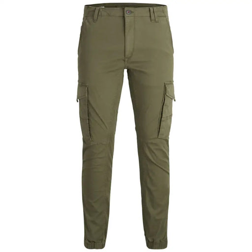 Jack & Jones Pantalon cargo vert olive pour homme, doté de multiples poches et d'une fermeture à boutons, idéal pour une tenue décontractée.
