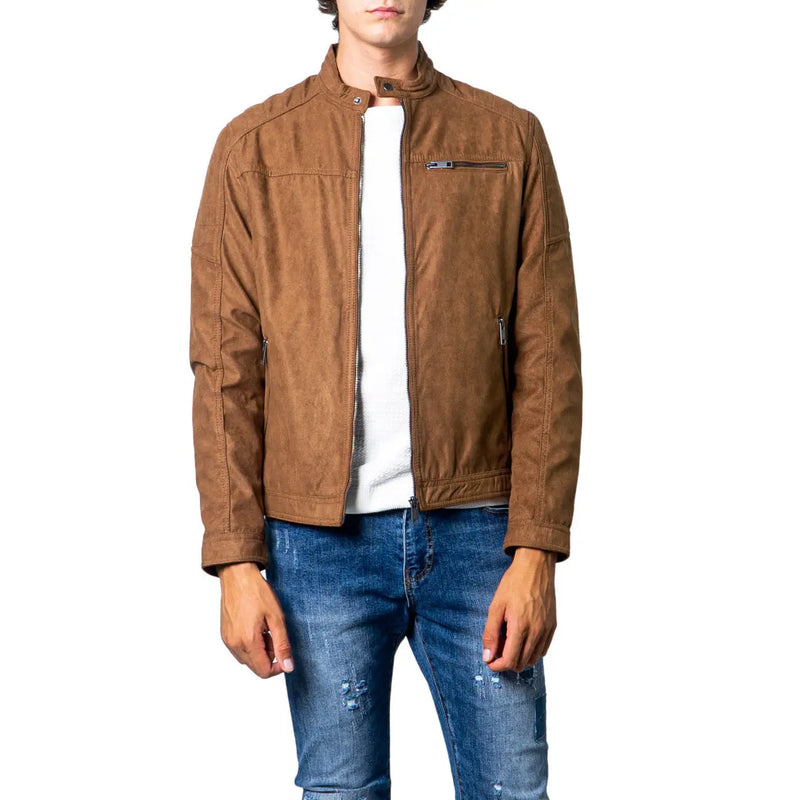 Men’s brown faux suede blazer with stand-up collar chest zipper pocket and side pockets