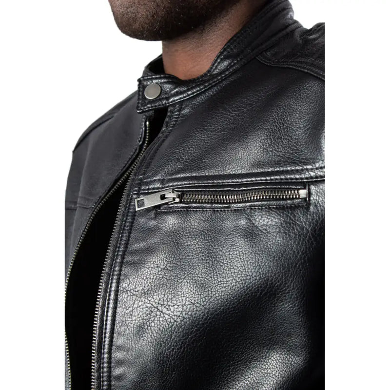 Jack & Jones Blazer long zippé pour homme en cuir noir texturé avec détails de fermeture éclair argentés, idéal pour l'automne-hiver.