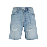 Jack & Jones Short pour homme en denim bleu clair avec trous effilochés et usés aux genoux, vue de face