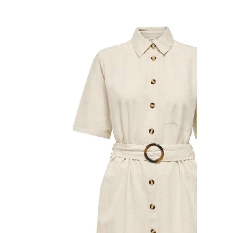Cream-colored jacqueline de yong belted button front dress with short sleeves and circular buckle belt