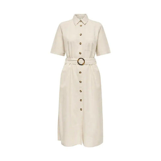 Jacqueline de yong beige belted button front dress cream-colored midi button-down with short sleeves and gold-tone buckle belt