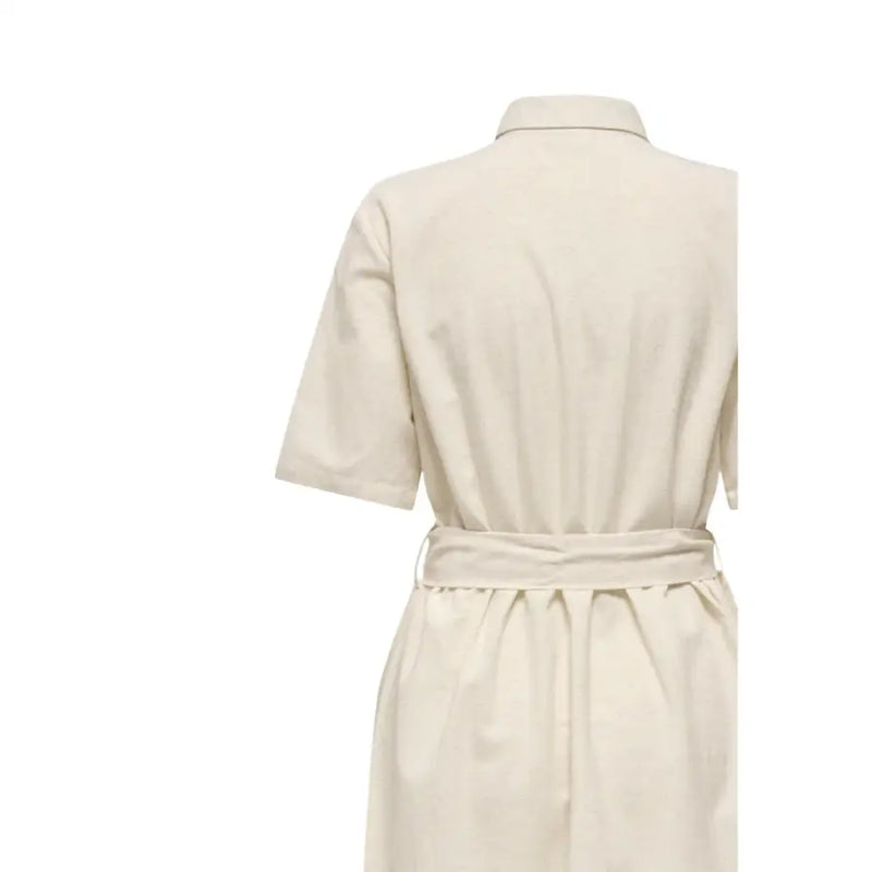 Cream-colored cotton shirt dress with short sleeves and matching belt from Jacqueline De Yong beige belted button front dress