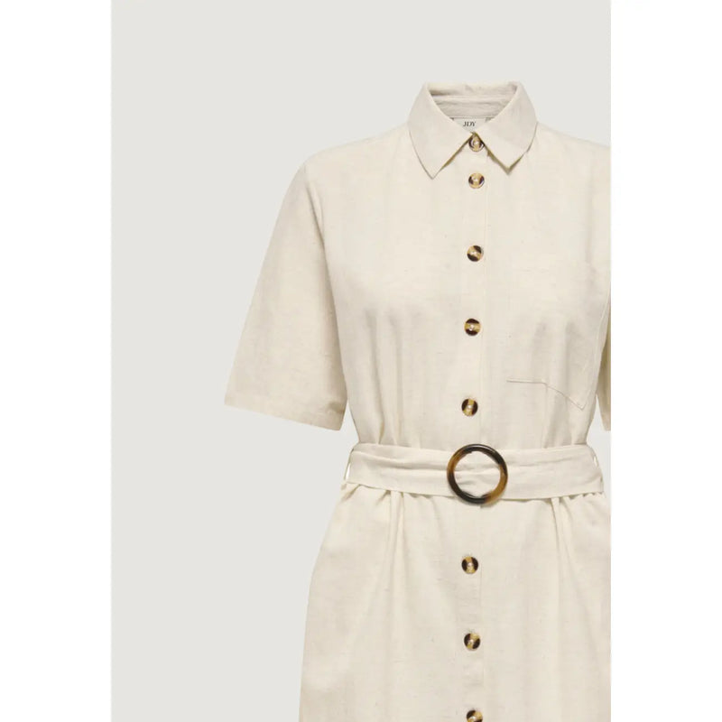 Jacqueline De Yong beige cream cotton shirt dress with gold buttons and tortoiseshell belt buckle