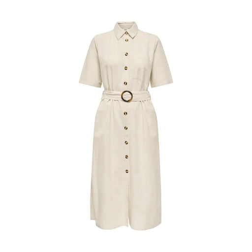 Jacqueline de yong beige belted button front dress cream-colored midi button-down with short sleeves and gold-tone buckle belt