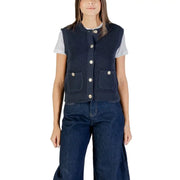 Navy blue ribbed knit button-front vest with two front pockets for women