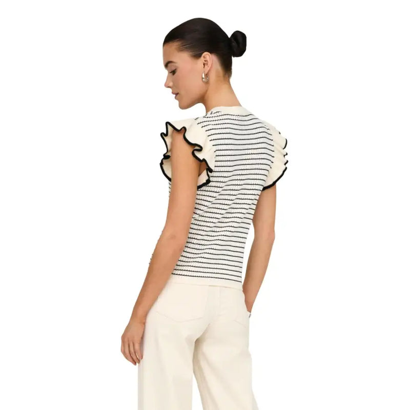 Jacqueline De Yong pull en coton sans manches à rayures beiges et manches à volants