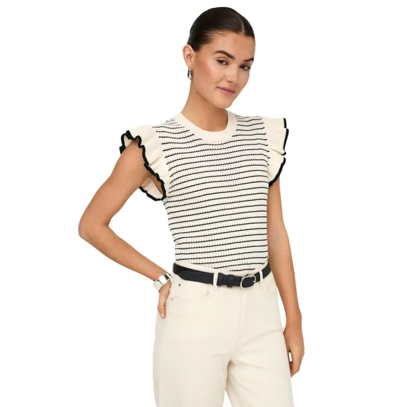Jacqueline De Yong pull en coton sans manches à rayures beiges top avec des volants