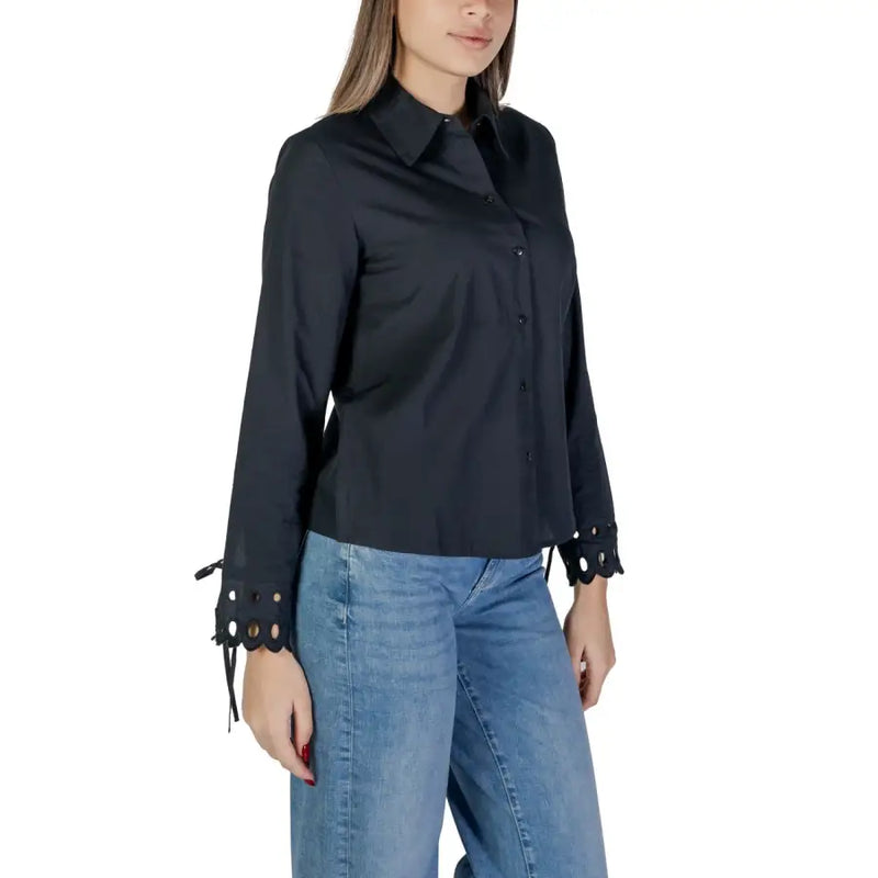 Jacqueline De Yong black cotton turtleneck blouse with scalloped cuffs and tie details