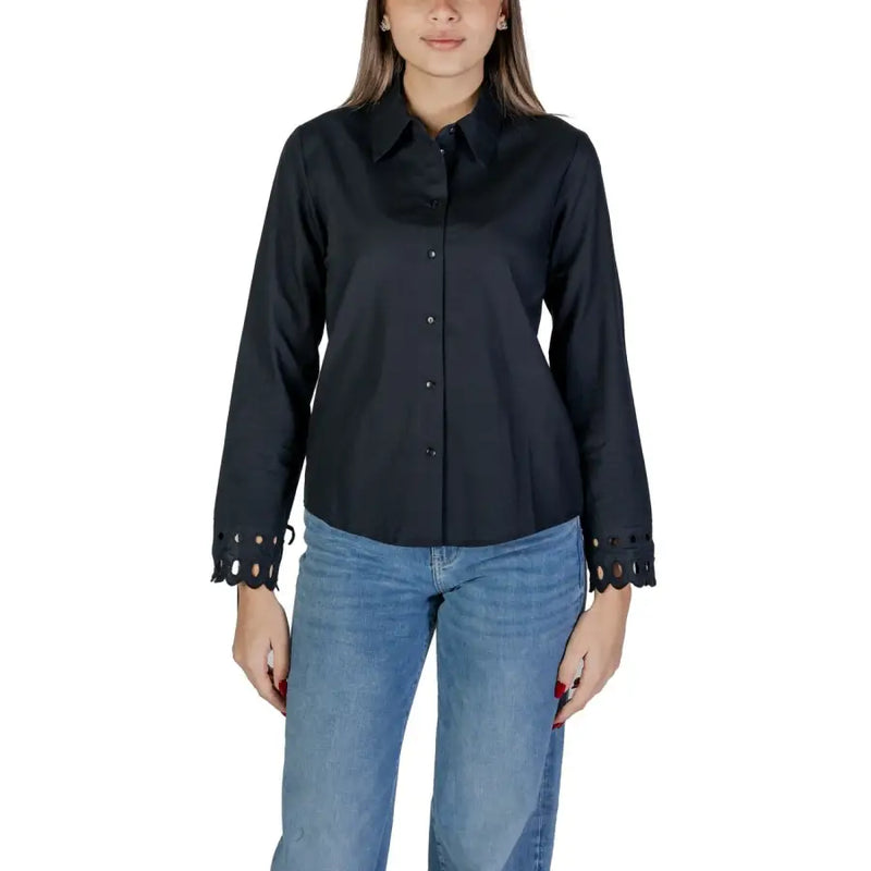 Jacqueline De Yong black cotton turtleneck shirt with scalloped cuffs