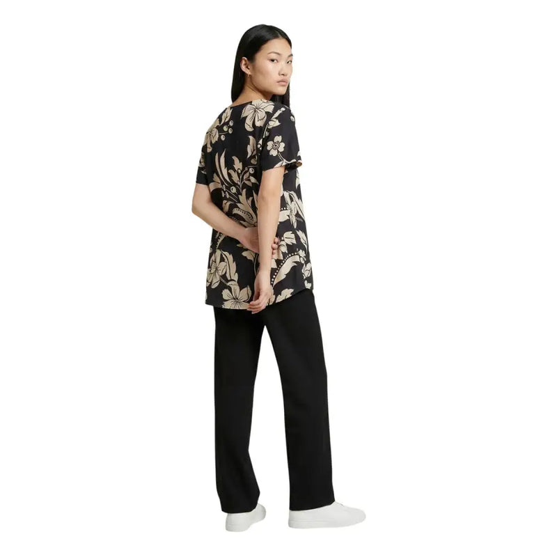 Jacqueline de yong black short sleeve blouse with beige floral and leaf patterns in lightweight fabric