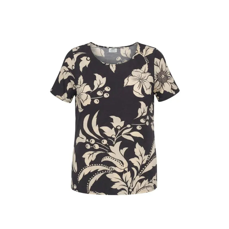Jacqueline de yong black short sleeve blouse with cream floral and leaf patterns for casual wear