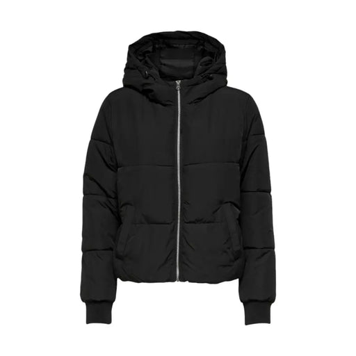 Jacqueline de yong black hooded polyester puffer jacket with silver zipper for cold weather wear