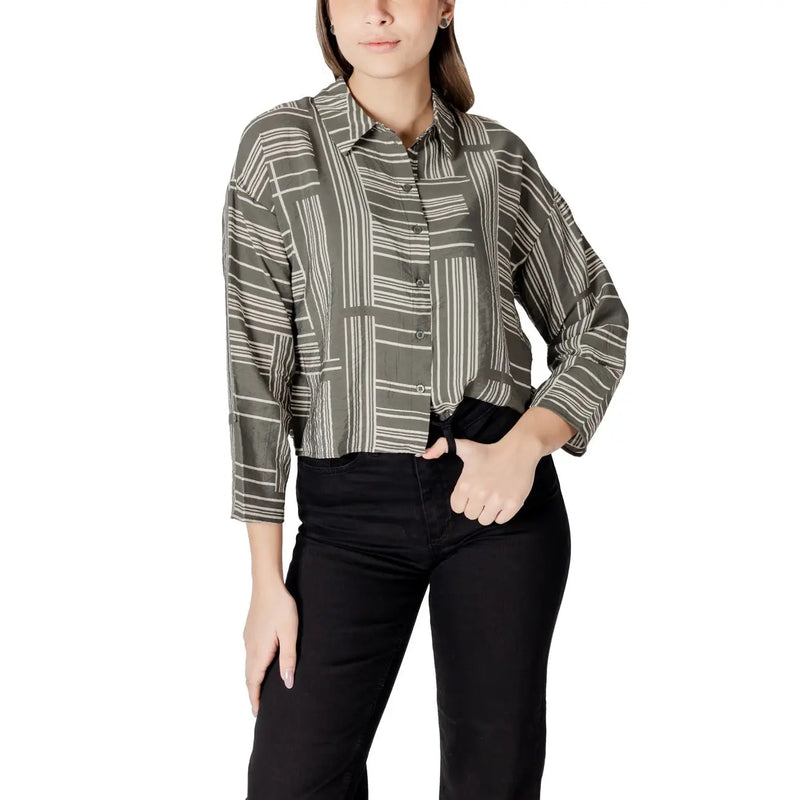 Jacqueline de yong olive green and white geometric striped button-up blouse with three quarter sleeves