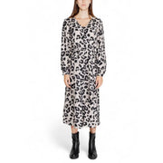 A women’s jacqueline de yong grey leopard long sleeve v neck midi dress with self-tie belt in black and beige