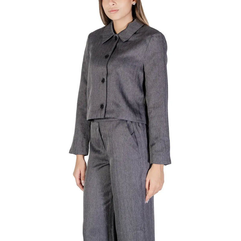 A sleek dark gray textured polyester blazer with classic collar and black buttons by Jacqueline De Yong for women
