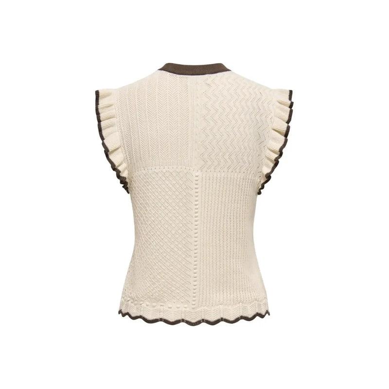 Cream-colored knit sleeveless top with brown ruffled trim by Jacqueline de Yong in beige cotton for women