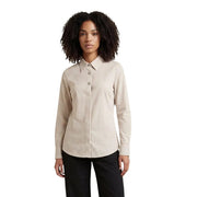 Jacqueline De Yong women beige cotton long shirt with white vertical stripes and classic collar button-down design