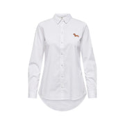 Jacqueline de yong women beige cotton long sleeve shirt with a white button-up style and embroidered dachshund on left chest