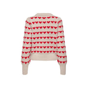 Pull Jacqueline de yong pour femme, en maille beige polyester avec motifs cœurs rouges vifs et tricot couleur crème.