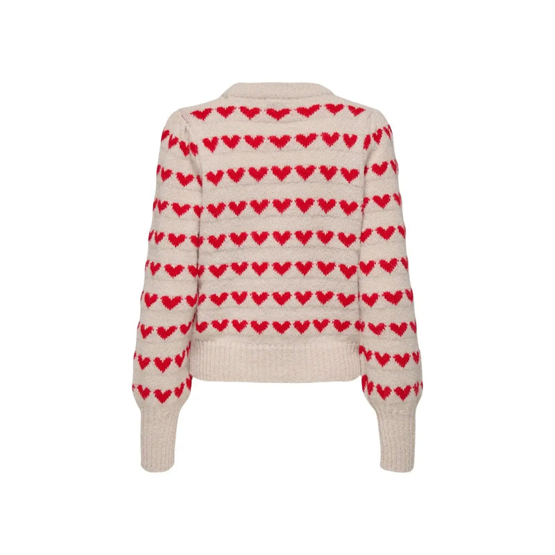 Pull Jacqueline de yong pour femme, en maille beige polyester avec motifs cœurs rouges vifs et tricot couleur crème.