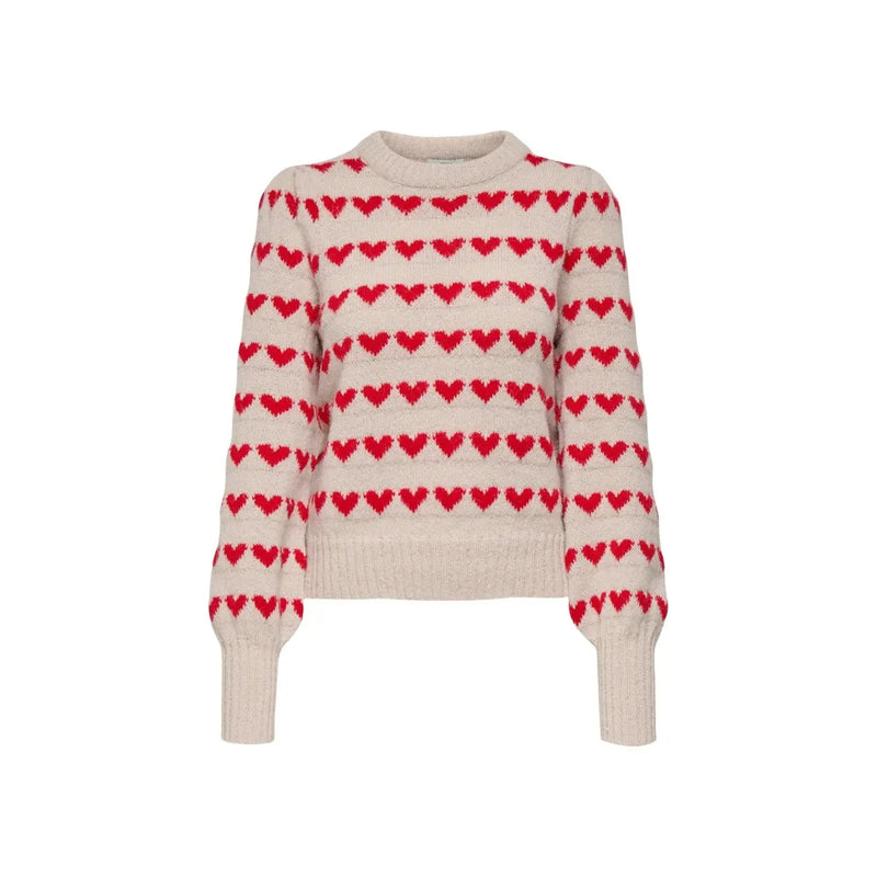 Jacqueline De Yong Pull en maille beige en polyester pour femme, orné de motifs de cœurs rouges et tricoté couleur crème.