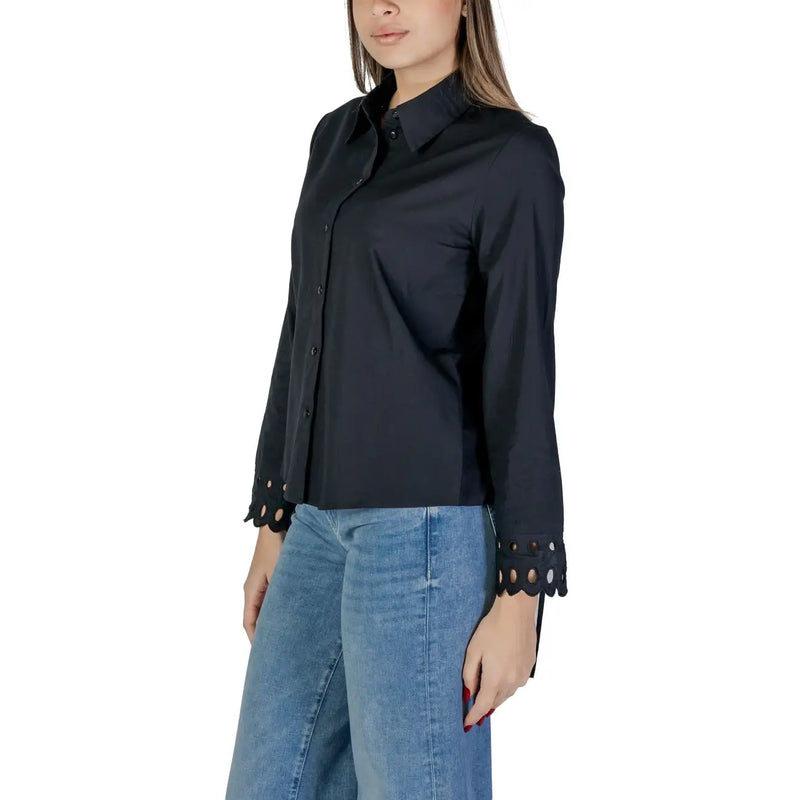 Jacqueline de yong women black cotton button-up blouse with scalloped lace trim at the cuffs