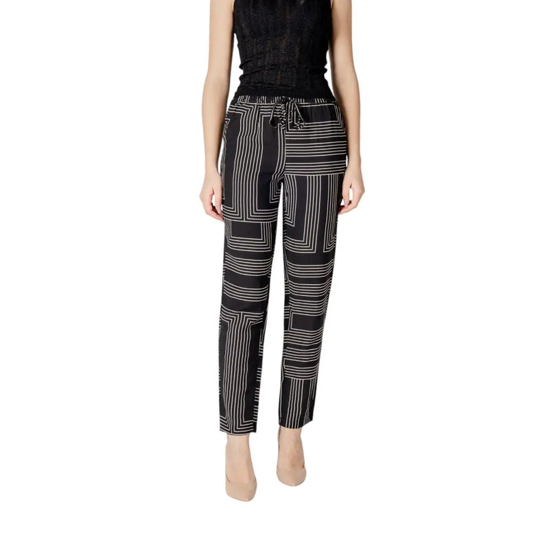 Pantalon Jacqueline de yong pour femme, noir et blanc, en viscose à motifs géométriques, avec taille élastiquée à cordon, idéal pour une tenue décontractée.