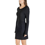 Jacqueline de yong women black pinstripe long sleeve dress with subtle shimmering vertical lines fabric texture
