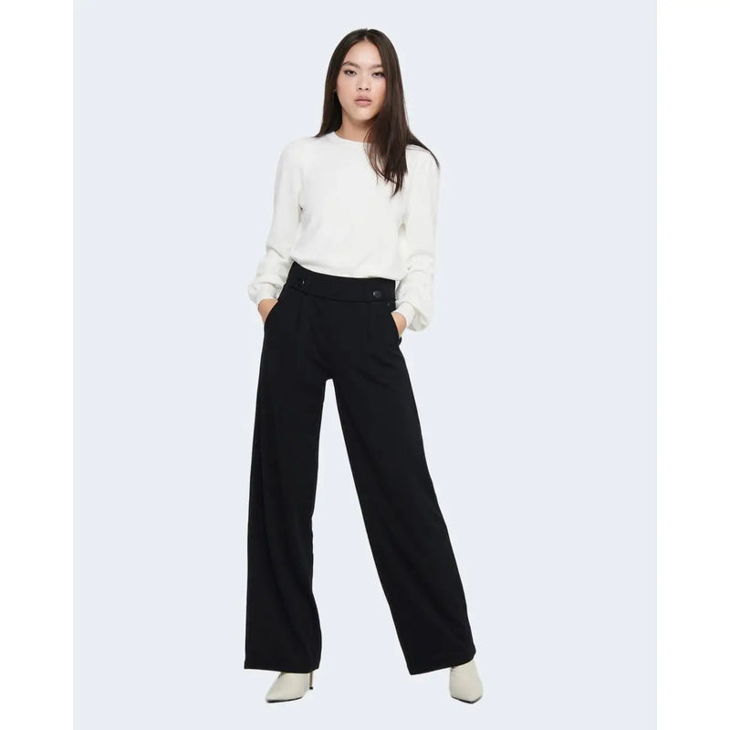Pantalon noir à taille haute et jambes larges pour femme Jacqueline de yong, coupe ajustée et élégante, orné de boutons sur le devant.