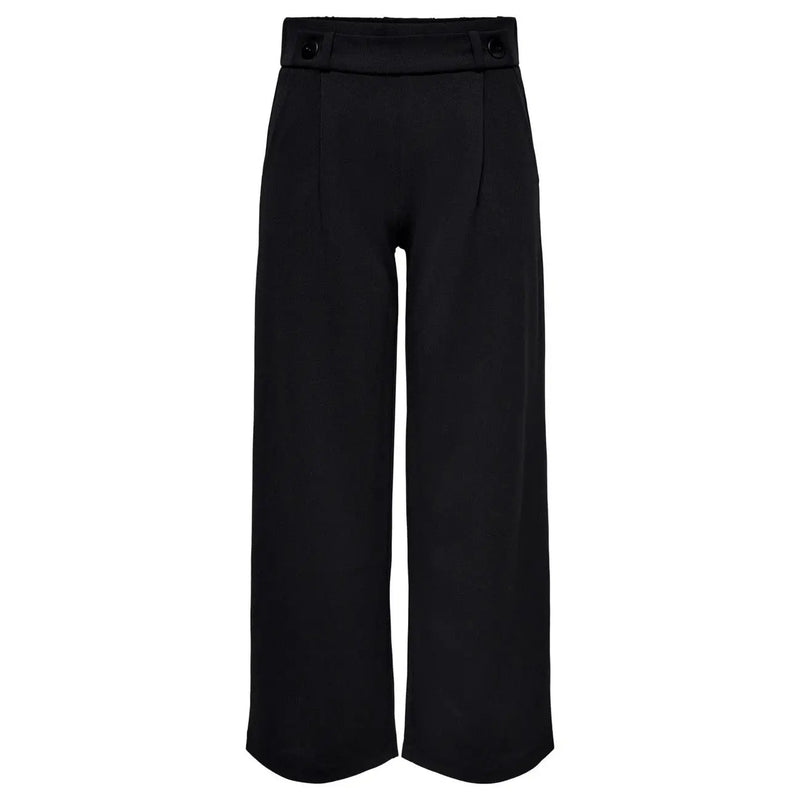 Pantalon noir taille haute à jambes larges, à enfiler, signé Jacqueline de Yong, coupe ajustée et passants de ceinture boutonnés.