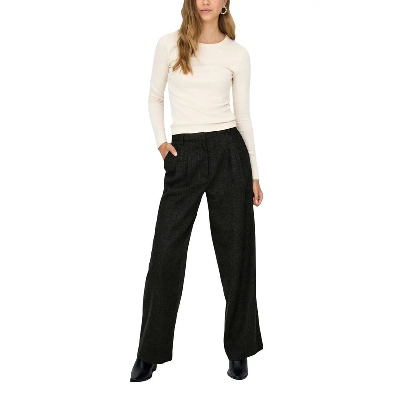 Pantalon noir à jambes larges pour femme Jacqueline de yong, taille haute, fermeture éclair et poche avant, motif texturé discret