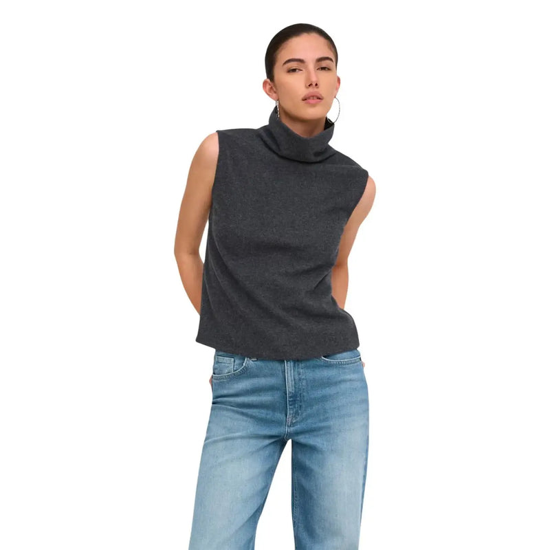 Col roulé sans manches gris foncé top Confectionné en maille douce par Jacqueline de Yong pour femme, taille S