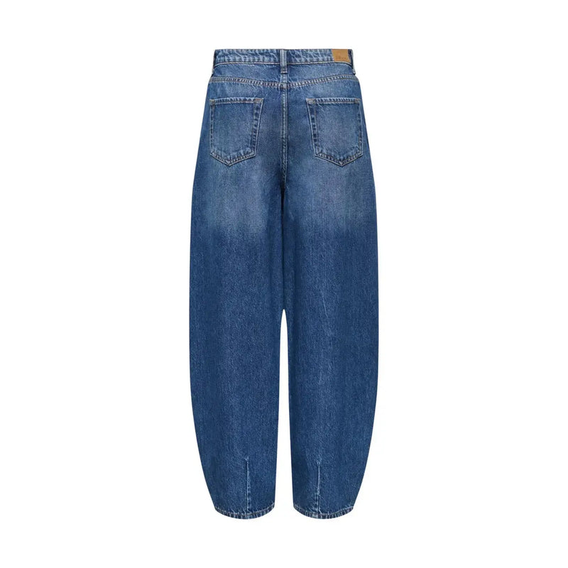 Jean en denim bleu taille haute à jambes larges pour femme, en coton, avec délavage subtil et détails de surpiqûres, de la marque Jacqueline de yong.