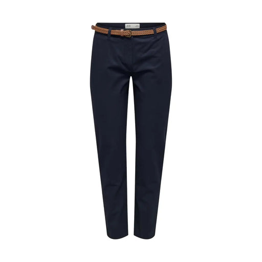 Pantalon chino bleu marine en coton à jambes droites avec une ceinture tissée beige de la collection femme de Jacqueline de Yong